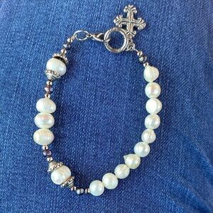 Classic Pearl and Silver Cross Bracelet